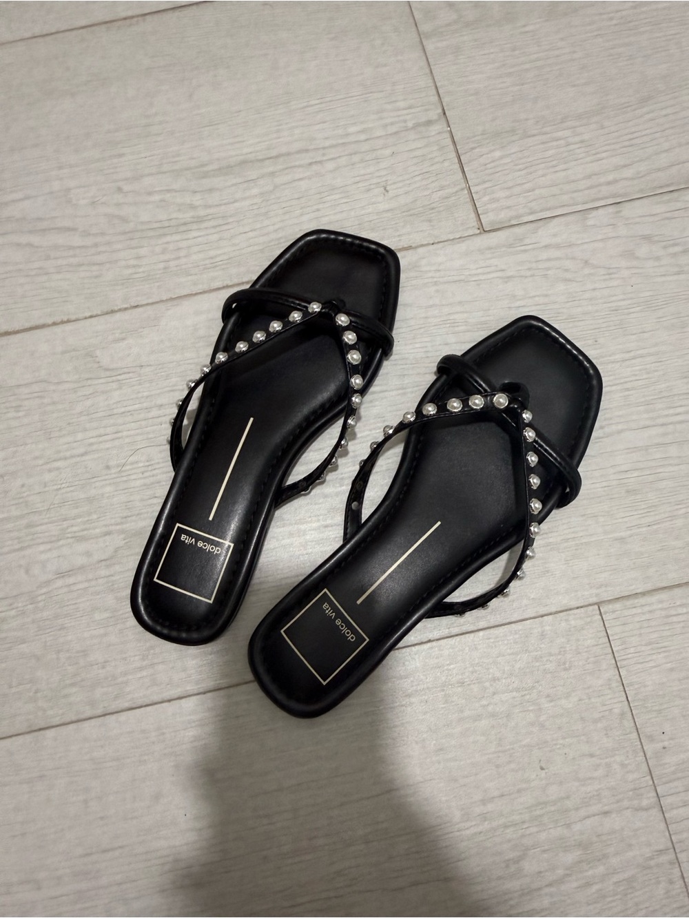 Dolce Vita Black Pearl-Studded Cross-Strap Slide Sandals
